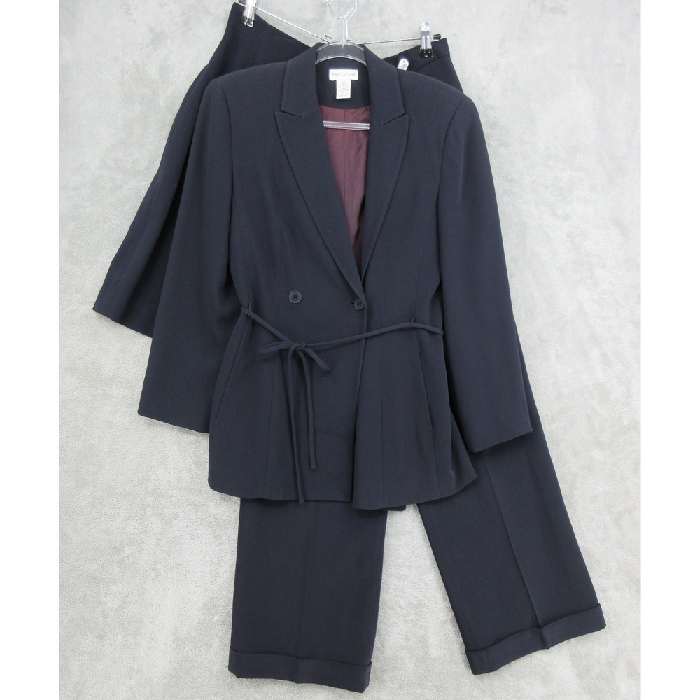 Vintage Ann Taylor Suit Womens Size 4 Navy Blue 3 Piece Wide Leg Pencil Blazer